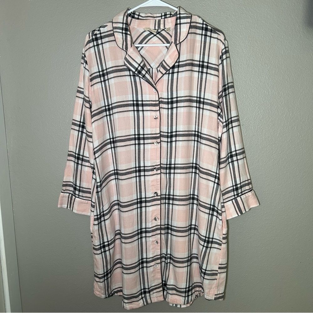 Soft Surroundings pink plaid flannel dress with pockets women’s size XL